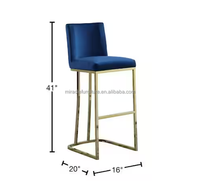 Chaise de tabouret de bar à dossier bas en velours bleu marine en acier inoxydable doré avec base et anneau de dos chromés pour café de cuisine