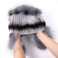 Chapeau d'hiver pour femme en fourrure de lapin rex et de renard cousue à la main avec rabat pour les oreilles et chaleur élastique