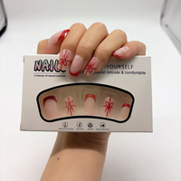 Faux ongles à presser courts carrés, rouge French manucure, base nude avec nœud et strass, en acrylique, cadeau pour filles