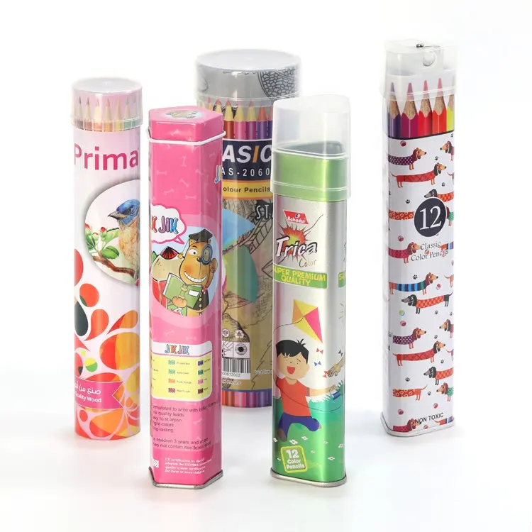 Logo personalizzato 12 pezzi Set di matita colorata rotonda tubo di latta per bambini di alta qualità scatola di latta rotonda con temperamatite
