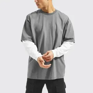 Fashion Men Contrast Color Loose Fit Oversized Long Sleeve Tee Custom Double Layer Men Skating Wear T Shirts