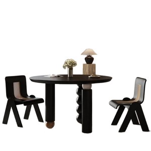 Solid Wood Rectangle Dining <b>Table</b> <b>Matte</b> Black Cylindrical Carving Stable Combination Dining Room Furniture - Product Image 4