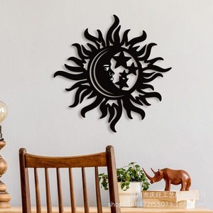 Décoration murale en bois Bohème Soleil Lune Étoile, cercle noir, pour la maison, en buis du Zhejiang - Product Image 2