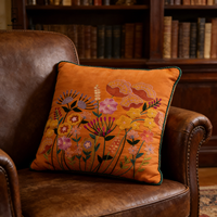 Housse de coussin en velours orange de luxe - Broderie florale colorée et bordure à passepoil - Housse de coussin décorative pour décoration bohème