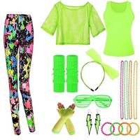 Ensemble de 10 pièces pour femmes, vêtements de sport rétro des années 1980, costume fantaisie, t-shirt en maille néon hip-hop, boucles d'oreilles, ensemble d'accessoires des années 80, tenues de fitness