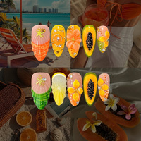 30 faux ongles à presser style français, forme amande moyenne, peints à la main, motif fruits d'été et coquillages, avec lime à ongles en gelée, pour manucure quotidienne