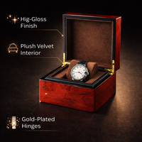 Boîte d'emballage haut de gamme en bois sculpté sur mesure pour montres et bijoux, avec couvercle à charnière de forme rectangulaire et logo personnalisé