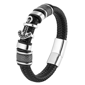 Pulsera de Cuero Trenzado Negro Genuino Hecha a Mano con Ancla Antigua de Acero Inoxidable y Cierre Magnético, Estilo Náutico para Hombre - Product Image 1