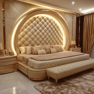 Vente <span class=keywords><strong>Lit</strong></span> plateforme moderne <span class=keywords><strong>futuriste</strong></span> avec lumière LED Tables de chevet flottantes <span class=keywords><strong>Lit</strong></span> double en tissu rembourré King Queen - Product Image 6