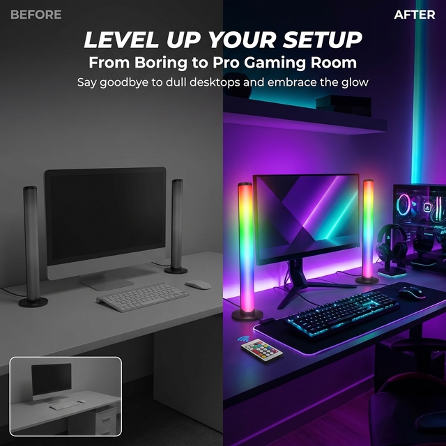 Modern Plastic LED Light Bar Gaming Room Music Sync RGB USB Ambient Lamp 2 Pcs/Set