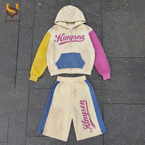 Streetwear Custom Printed Oversize Graphic <b>Rhinestone</b> Ripped Distressed Color Block Patchwork <b>Hoodie</b> and Sweatpants Set Men - Product Image 1