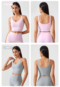 Camisetas sin mangas cortas de Fitness con cuello en V para mujer de estilo clásico con almohadillas Sujetador activo deportivo de secado rápido Entrenamiento Correr Sujetador recortado Tops - Product Image 4