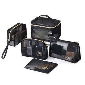 Lot de 5 pochettes de rangement noires en maille avec fermeture éclair pour cosmétiques de voyage et articles de toilette, vente en gros - Product Image 1