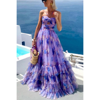 Robe longue en tulle à imprimé floral violet, col halter, bretelles spaghetti, volants superposés, pour invitées de mariage, séances photo et soirées