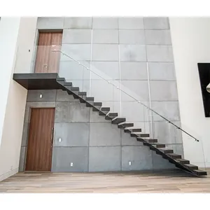 आधुनिक डिजाइन आंतरिक सीधे लकड़ी की फ्लोटिंग सीढ़ी ट्रेड स्टेप्स टेम्पर्ड ग्लास पैनल रेलिंग रेलिंग सीढ़ी प्रणाली
