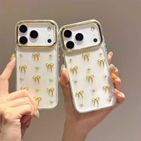 Nouvelle coque de téléphone portable transparente avec nœuds scintillants, étoiles et motifs d'amour, fleurs en résine, dorée, pour iPhone 17 Air 16 15 14 13 Pro Max, personnalisable