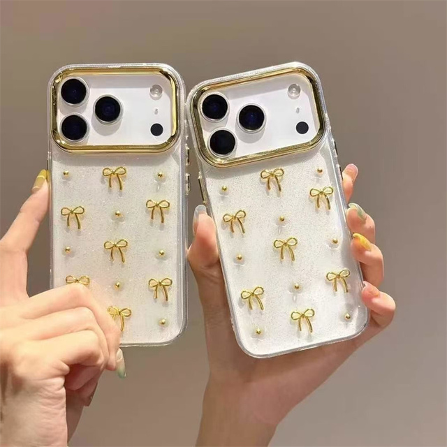 New Glitter Bow Stars Love Mobile Phone case for iPhone 17 Air 16 15 14 13 Pro Max Resin Flower Transparent DIY Gold back Cover