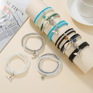 Retro Ethnic Style <b>Stacked</b> Beaded <b>Bracelet</b> Set Glass Seed Bead Alloy Pendant Jewelry Wholesale Yiwu Origin - Product Image 1