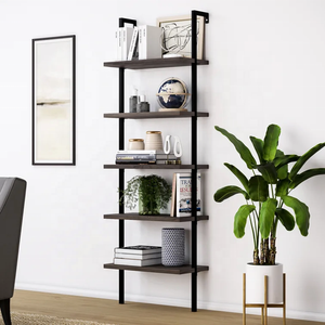 Estantería moderna de <span class=keywords><strong>madera</strong></span> de roble de 5 estantes, superventas, <span class=keywords><strong>escalera</strong></span> abierta de montaje en pared con marco de Metal negro Industrial para comedor - Product Image 3
