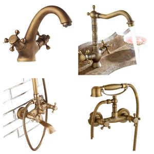 Grifo de Lavabo Retro de Bronce Antiguo con Doble Manija Cruzada y Accesorios de Cerámica, Válvula de Ducha de Agua Fría y Caliente - Product Image 6