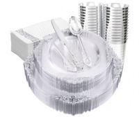 Assiettes jetables élégantes avec couverts, 175 pièces, assiettes argentées et couverts argentés pour mariages, 25 invités