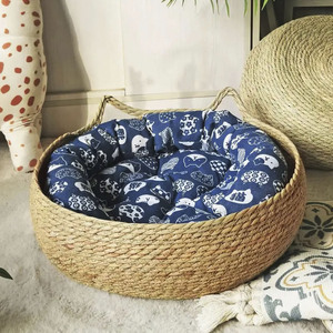 Straw Rope Woven Cat Bed Round Breathable Cooling Detachable Washable Pet Bed For Cat Summer Use - Product Image 4