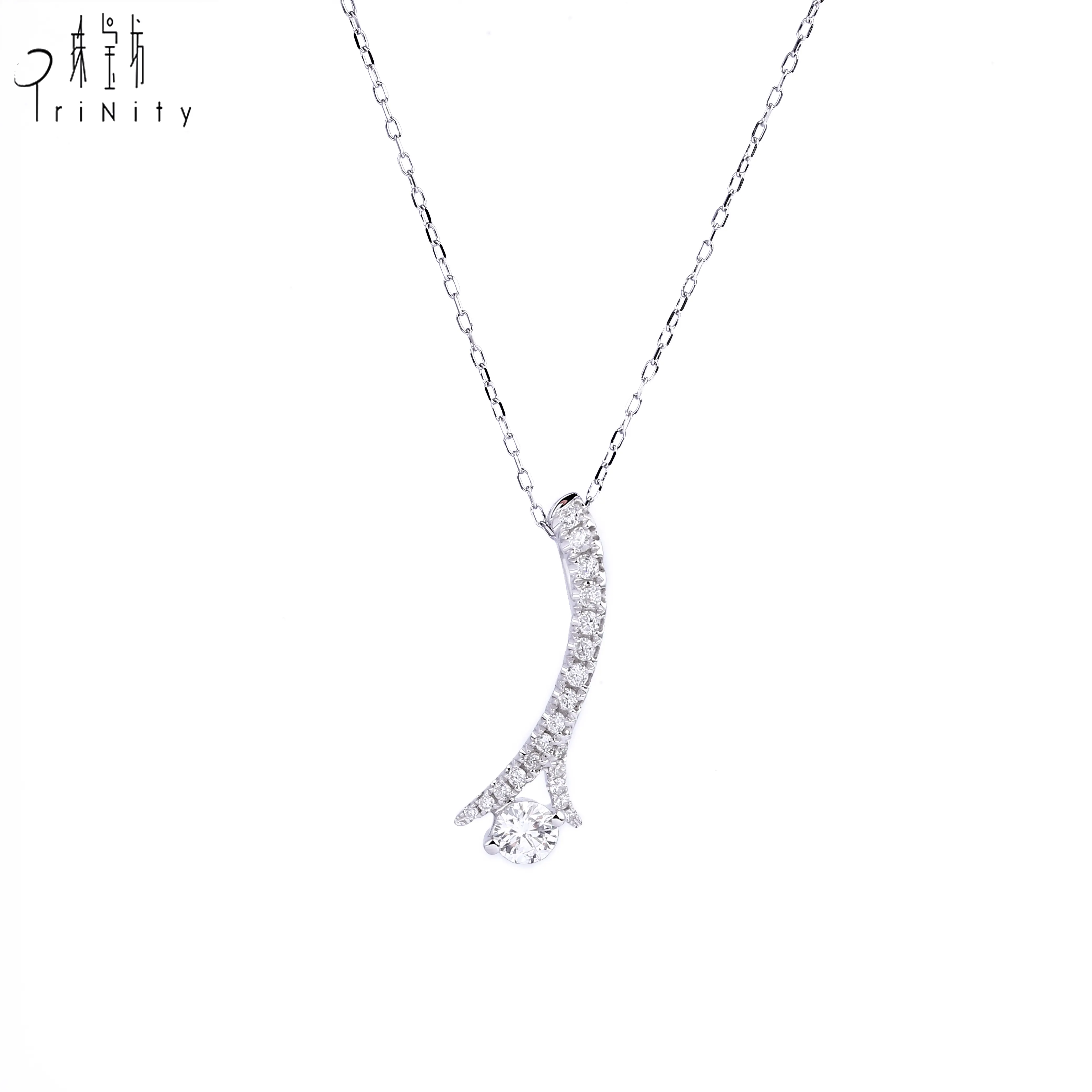 Kalung berlian emas putih Solid 18K desain geometris harga grosir perhiasan kualitas terbaik untuk anak perempuan