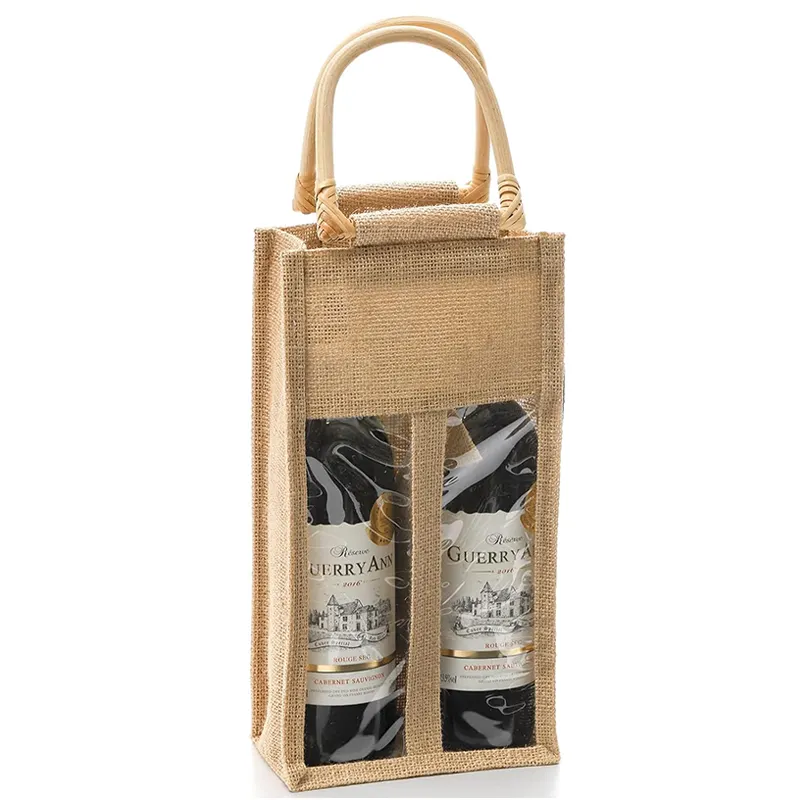 Botella de vino yute compras arpillera logotipo personalizado impreso reutilizable ecológico bolsa de playa al por mayor con asas