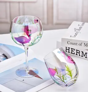 럭셔리 와인 글라스 컵 손으로 그린 유리 줄기 튤립 꽃 디자인 선물과 파티를위한 다채로운 잔