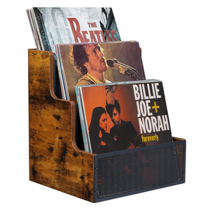 Wooden Album Storage Desktop Organizer Box Stepped 3 Tier LP Vinyl Record Crate With Metal Grid Vinyl Record Storage Holder