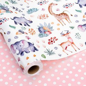 Safari Animals Polka Dots Wrapping Paper 17 Inch X 33 Feet Art Paper Reversible Gift Wrap for Baby Shower - Product Image 1