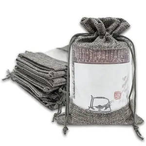 Wholesale soft cloth party burlap drawstring gray see through window mesh 10x15 packing gift bag jute