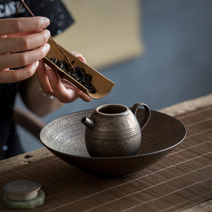 Handmade Stoneware Teapot Stand Round With Lid For Kung Fu <b>Tea</b> <b>Set</b> Water Storage Dry Brewing Tray - Product Image 4