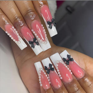 <span class=keywords><strong>Uñas</strong></span> Postizas Largas <span class=keywords><strong>y</strong></span> Delgadas al por Mayor, Degradado Rosa, Blanco, Lazo Negro 3D, Perla, Reutilizables, OEM, ODM, Empaque Personalizado - Product Image 1
