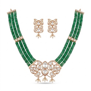 Elegante Juego de Collar de Plata 925 para Mujer, Joyería Tradicional India, Cuentas Verdes, Perlas, Pendientes para Boda - Product Image 1