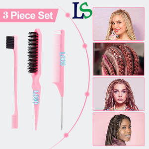 Personnalisez votre logo : Ensemble de 3 peignes coiffants roses, comprenant une brosse à cheveux démêlante à poils, une brosse de contrôle <span class=keywords><strong>des</strong></span> bords et un peigne à queue de rat - Product Image 1