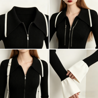 Cardigan en maille zippé coupe ajustée pour femme, ODM OEM, style minimaliste Old Money, pull côtelé à revers, manches longues, poignets évasés, haut 2026