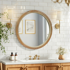 <b>Round</b> Distressed Wood Beaded Wall <b>Mirror</b> 23.62 In Farmhouse Vintage Accent <b>Mirror</b> For <b>Bathroom</b> Bedroom Entryway Rustic - Product Image 5