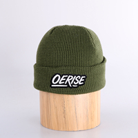 Bonnet en tricot gaufré vert armée personnalisé, bonnet d'hiver épais à revers pour l'extérieur, avec patch logo brodé, unisexe, OEM