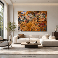 Peinture abstraite expressionniste à tourbillons turbulents, Ocre Sienne Bleu Rouge, Impasto, Traite de pinceau énergique, Peint à la main sur toile