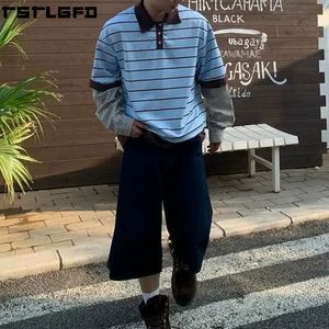 Polo rayé effet superposé OEM/ODM pour hommes, bleu clair et marron à carreaux – Fabricants de polos pour hommes en gros - Product Image 4