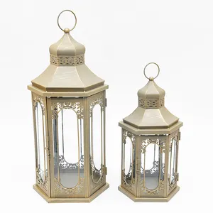 Reusable New design retro golden hexagonal standing luxury metal Moroccan candle lantern with handle