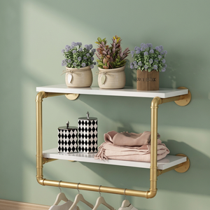 New Design Gold Industrial Pipe Large Wall Rack with White Finished Wooden Top Used for Bathroom Living Room Interior Decoration - Product Image 1