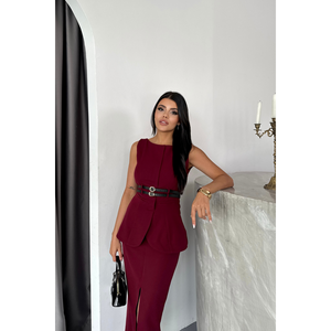 Vestido estilo chaqueta para mujer color borgoña con detalle de doble cinturón - Product Image 6