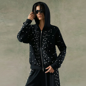 Sudadera Extra Grande con Pedrería para Mujer, Felpa de Algodón Suave, Cálida, Transpirable, Estilo Urbano, Chaqueta Vintage con Bordado - Product Image 1