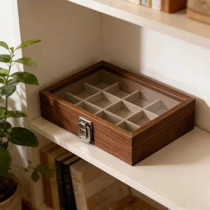 Boîte de présentation de bijoux en bois et verre avec couvercle transparent, compartiments à grille et boucle métallique pour la vente au détail - Product Image 2
