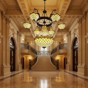 Lustre Tiffany multi-têtes en verre, style vintage, pour hôtel, restaurant, villa, suspension de luxe pour immeuble de grande hauteur - Product Image 1