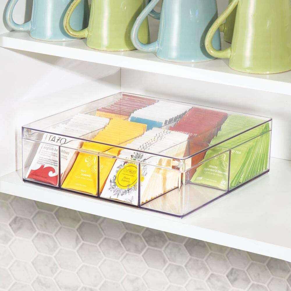 Puricon Lot de 2 boîtes à thé, 16 compartiments, empilables avec couvercle, boîte de rangement pour sachets de thé, en plastique, hermétique, pour dosettes de café, organisateur de thé, transparent