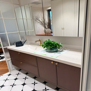 Meuble de salle de bain YALIG, style mi-siècle, couleur noyer, avec vasque monobloc en pierre courbée à chaud, sur pied - Product Image 5