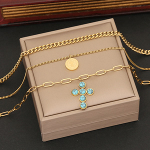 Kalung rantai Kuba klip kertas perhiasan Retro kalung liontin salib pirus baja tahan karat untuk wanita - Product Image 4